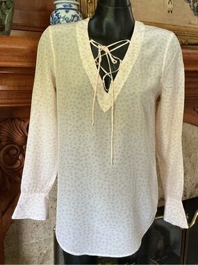 Equipment Silk Lace-Up V-Neck Blouse with Subtle Leaf Print